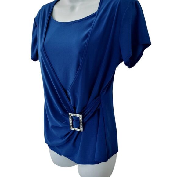 Royal Blue Wrap Blouse Embellished Buckle Size M Jason Maxwell - Picture 6 of 9